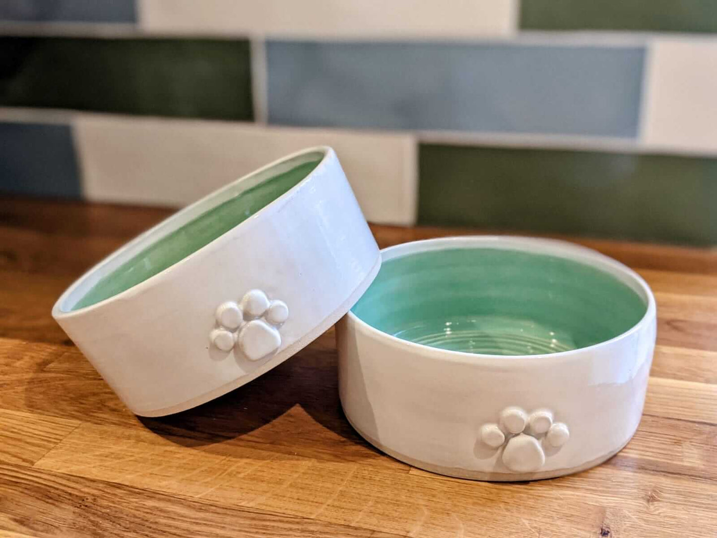 Two Lawoofs of Devon Ceramic Dog Bowls Green