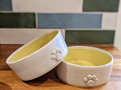 Two Lawoofs of Devon Ceramic Dog Bowls Yellow